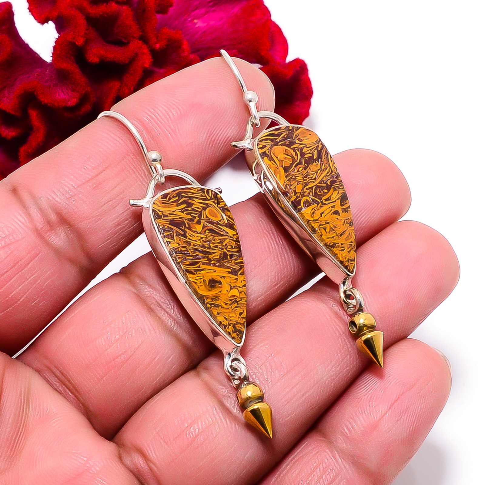 Natural Mariam Jasper 925 Sterling Silver Two Tone Arrow Head Earring 2.34″ E945