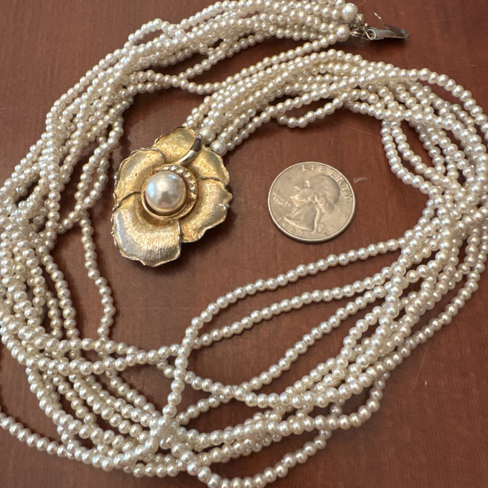 Vintage 9 Strand 18” Faux Pearl Necklace Gold Tone Flower Clasp 339