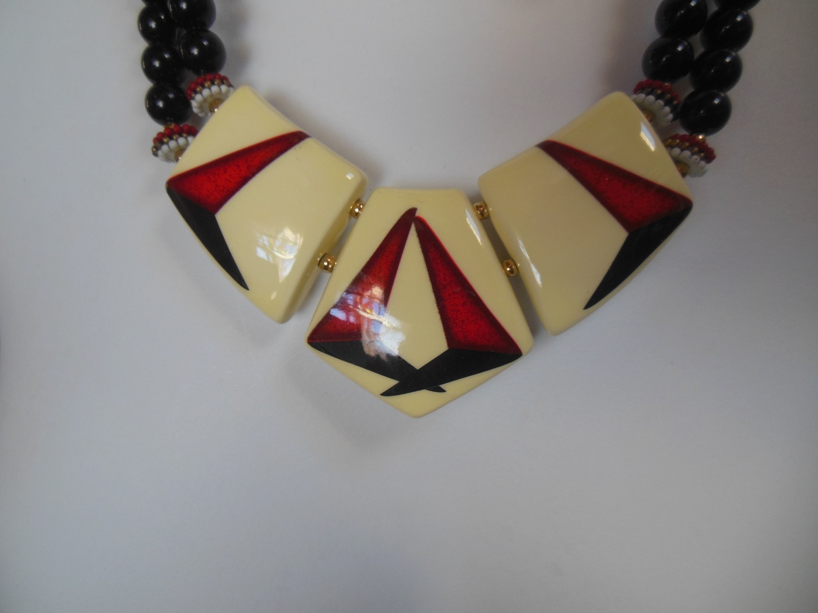 Vintage Double Strand Black, Red, White Bead Necklace W/Ceramic Enamel Panels