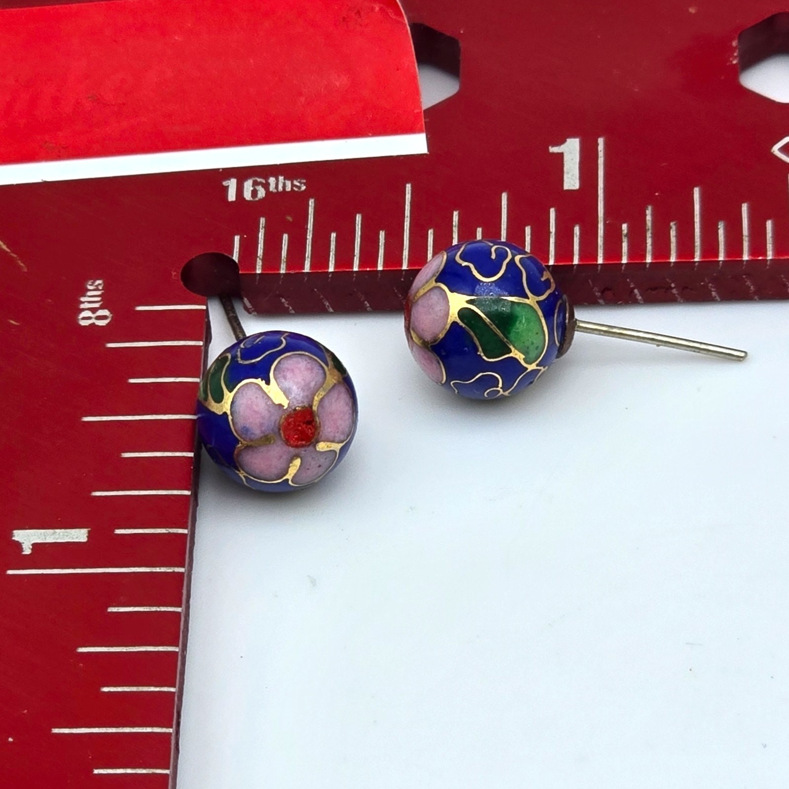 Vintage Earrings Cloisonne Ball Blue Pink Floral Enamel Pierced 70s Style SK3505