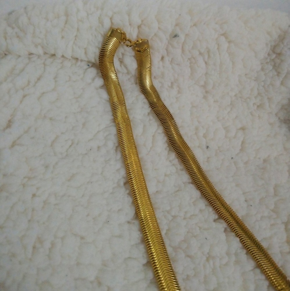 Vintage Gold Tone Wide Omega Herringbone Chain Necklace, Liquid Gold Snake Stran