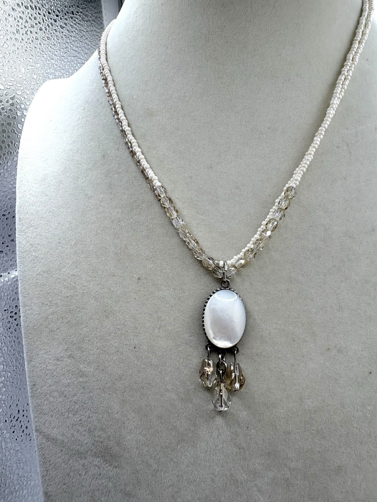 Cream & Champagne Colored Beaded Layered Necklace W/ Oval MOP Pendant Necklace