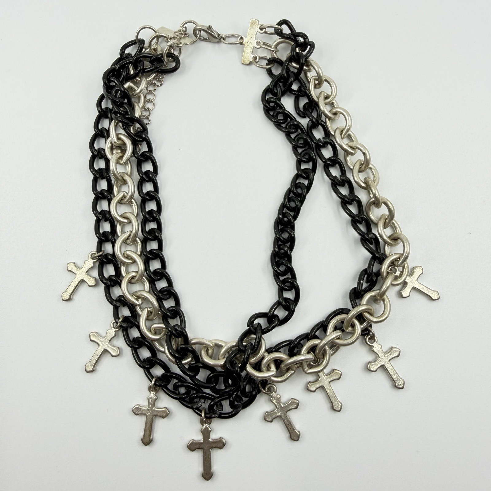 Layered Chainmail Cross Goth Choker Necklace Y2K 15” Black Silver Tone