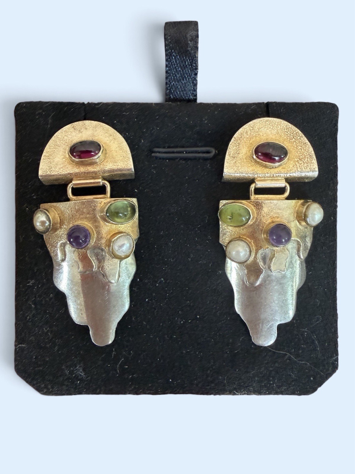 Artisan Sterling Silver Gold Wash Earrings Amethyst Garnet Pearl Period VTG