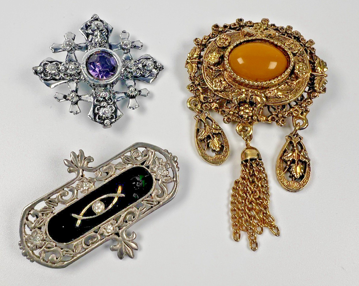 Lot Of 3 Victorian Revivial Brooches Jerusalemm Cross Mourning BroochAS-IS READ