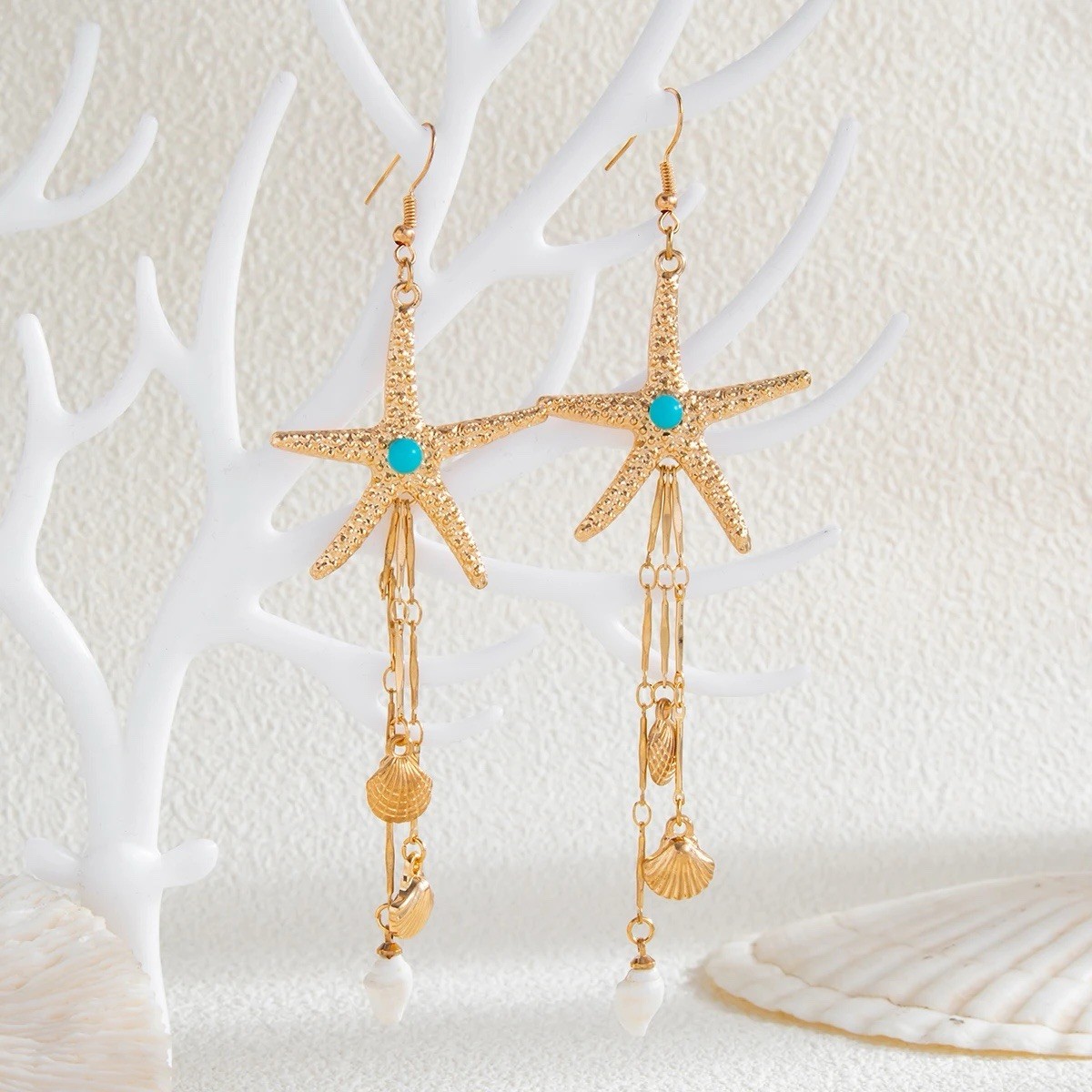 Starfish Shell Earrings Turquoise Ettika STYLE Gold Chain Boho Nautical Boho Y2K