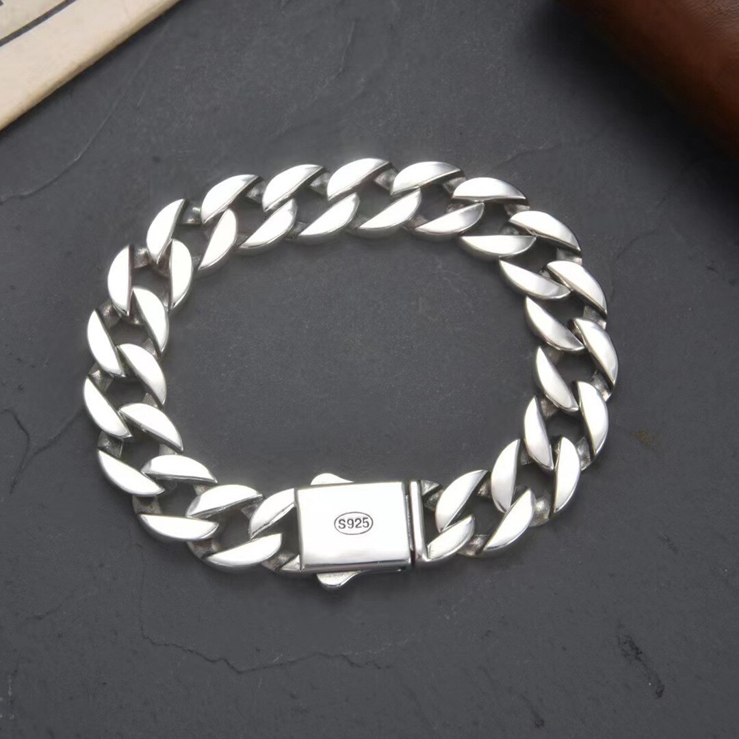 Pure S925 Sterling Silver Bracelet Men Women 13mm Curb Cuban Link Chain Bracelet