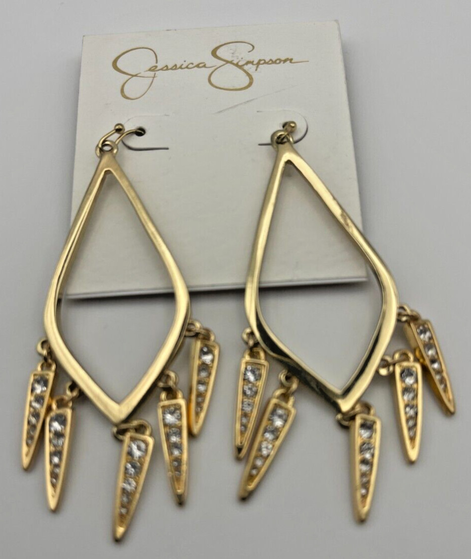 Jessica Simpson Large Gold-Tone Open Teardrop Crystal Dangle Charm Drop Earrings