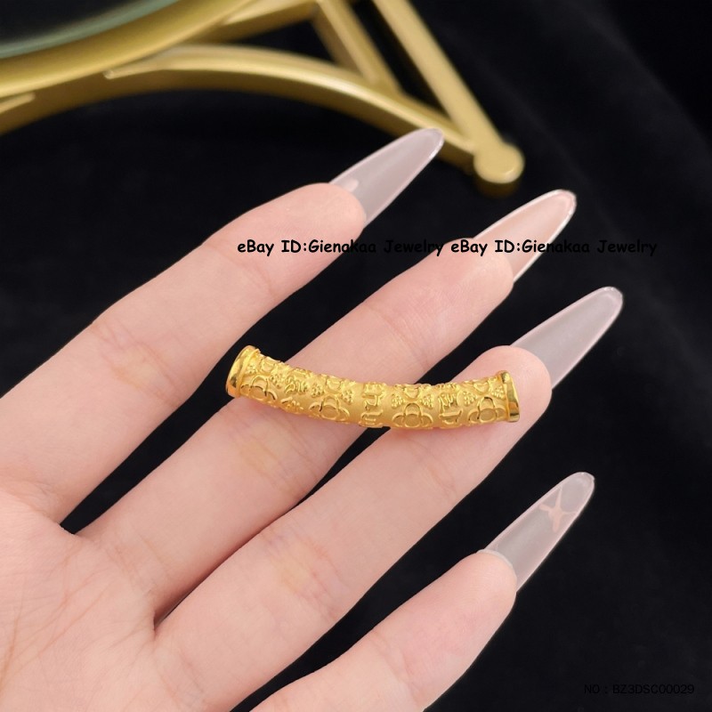 Real 999 24K Yellow Gold Men Women 3D Lucky Six Words Long Tube Pendant 2.2-2.3g