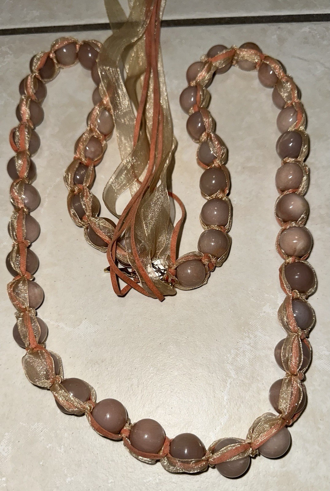 Simon Alcantara Wrapped Pink Quartz Bead Strand Statement Necklace Ribbon Suede