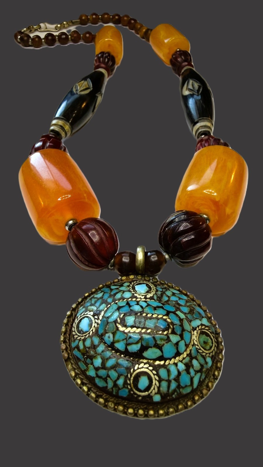 Vintage Tibetan Style Mosaic Pendant Necklace Butterscotch Resin Bone Beads 26″