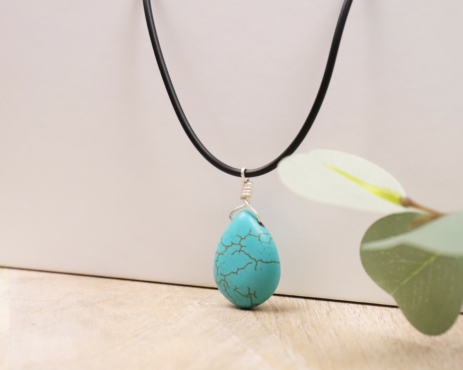 Teardrop Turquoise Pendant Necklace for Women with Leather Cord