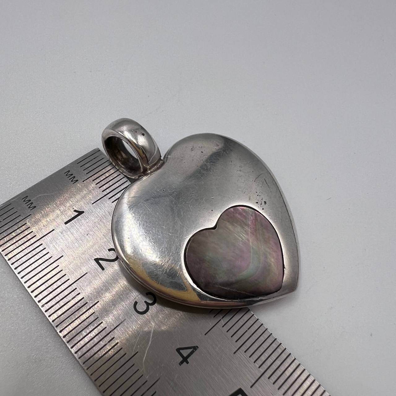 Large Vintage Sterling Silver 925 Abalone Women’s Pendant Heart Signed 22.5g