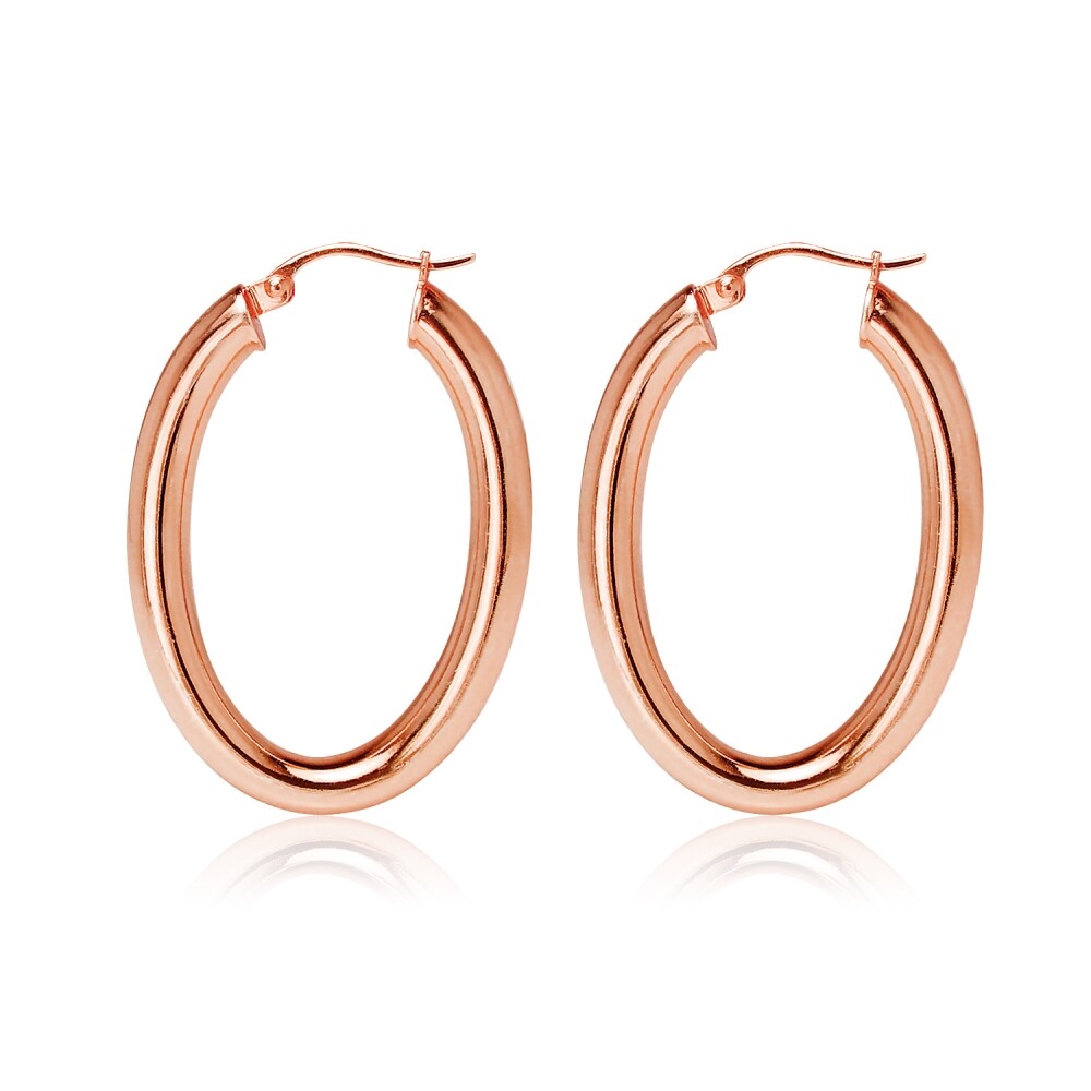 Rose Gold Flashed 925 Silver Two Tone 4mm Oval Diamond-Cut Hoop Earrings, 25mm