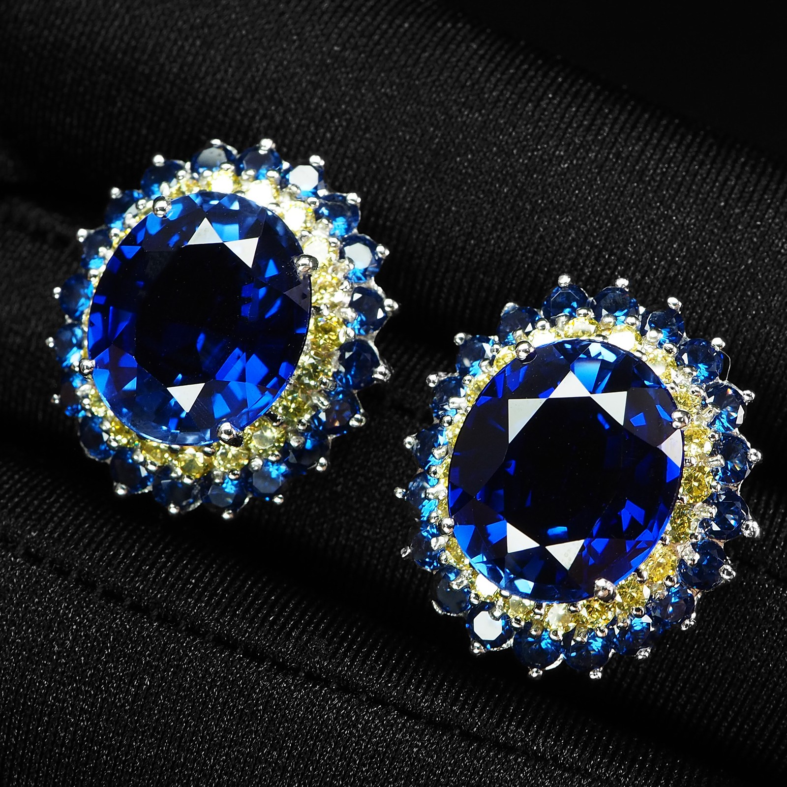 Classically Vivid Blue Sapphire 17.75Ct 925 Sterling Silver White Gold Earrings