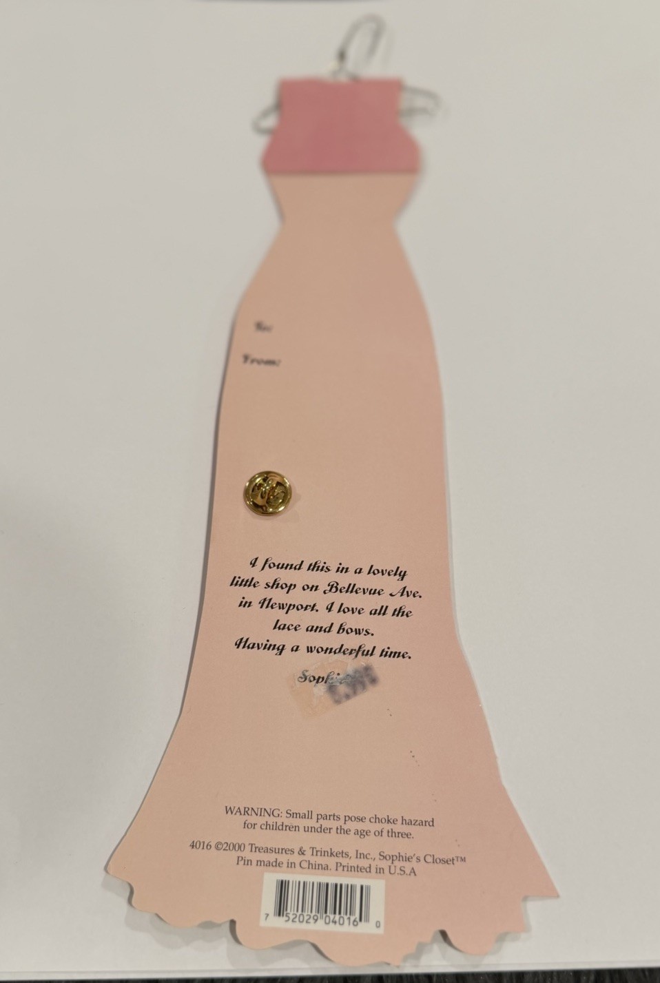 Sophie’s Closet Greeting Card Pink Gown With Gemmed Bow Pin Vintage