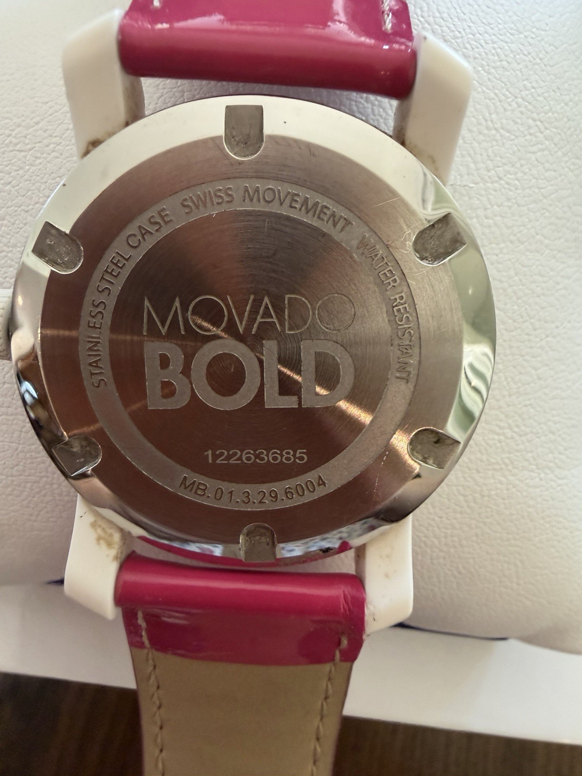 Movado Women’s BOLD Pink Leather Pink Dot Swiss 36mm Steel Watch 3600177