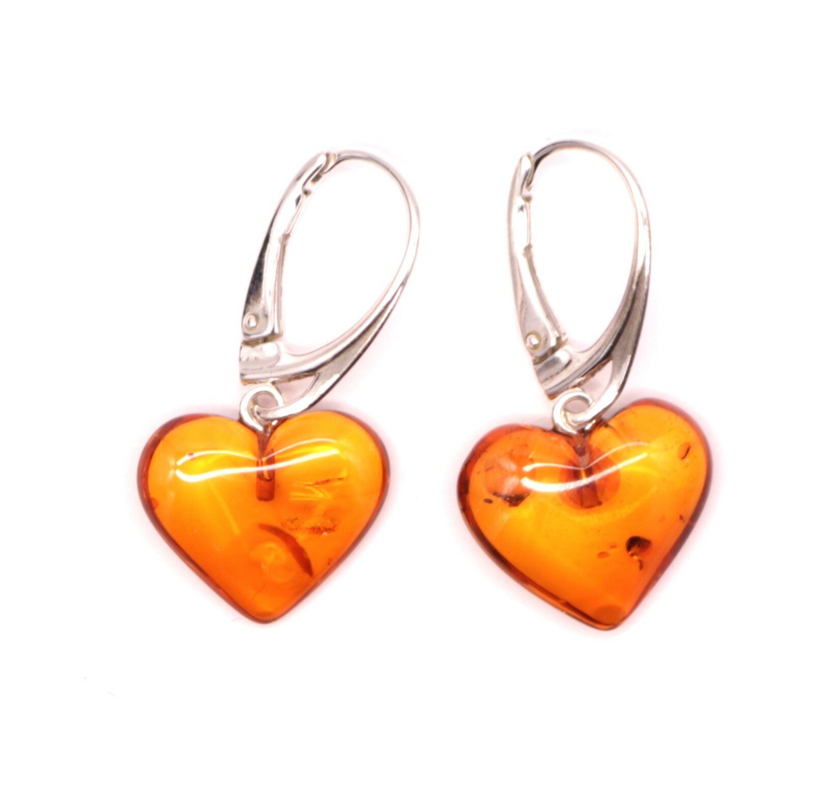 Heart Shape Baltic Amber Dangle Earrings Cognac Color Sterling Silver 925