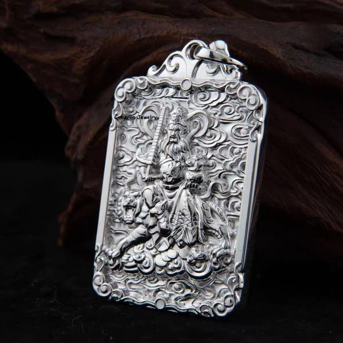 Pure 999 Fine Silver Men Women God Of Wealth Oblong Pendant 34-35g