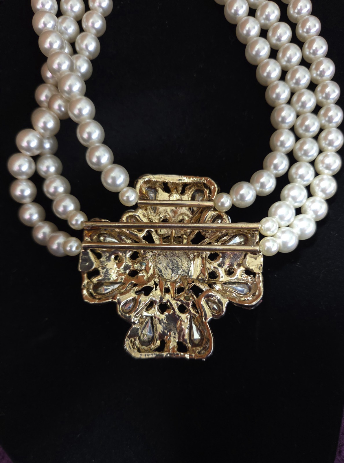Retro 80s Maximalist Multi Gem Rhinestone Triple Strand Pearl Necklace Set