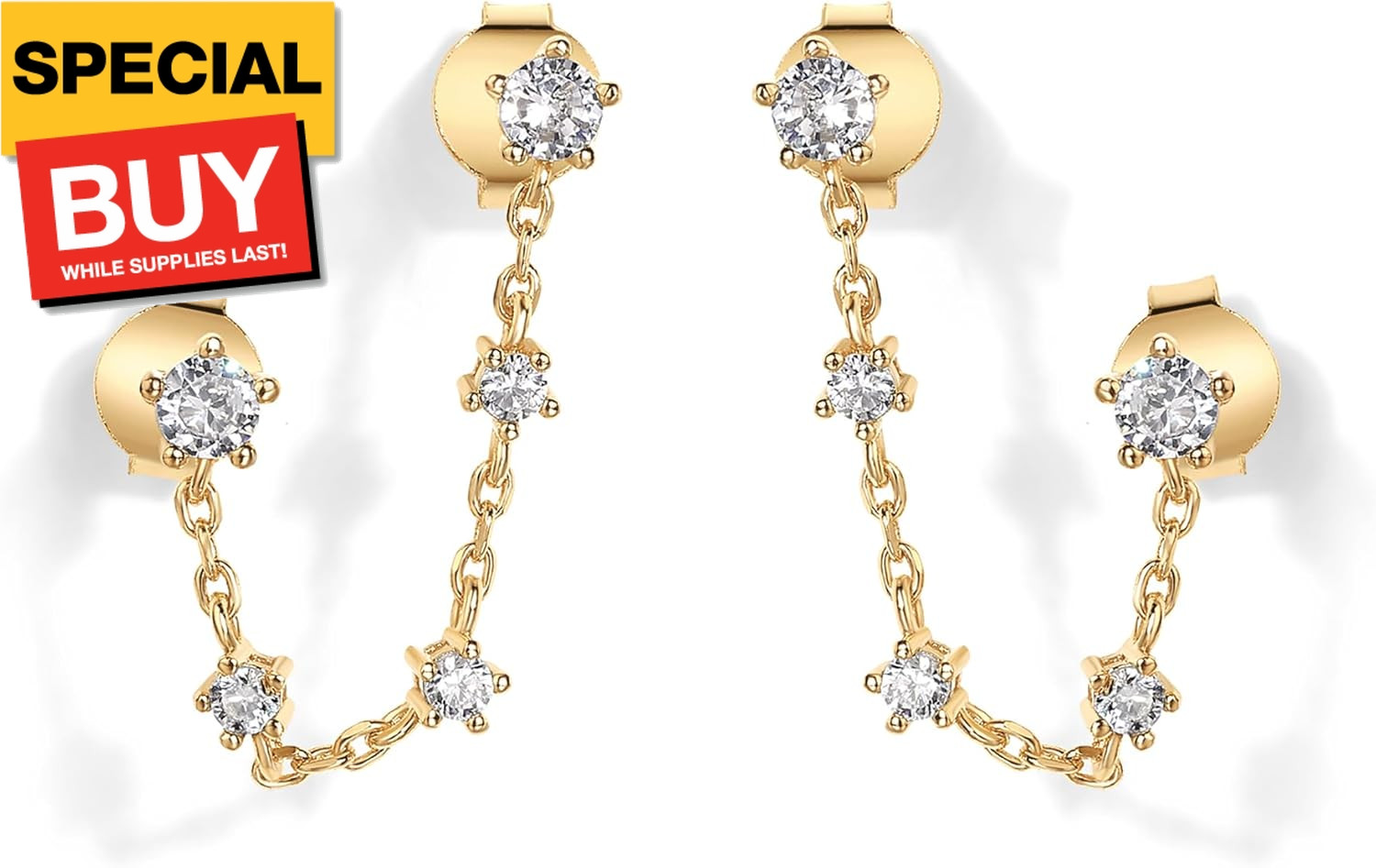 14K Gold Plated Delicate CZ Chain Earrings for Women – Double Piercing Dangle Ch