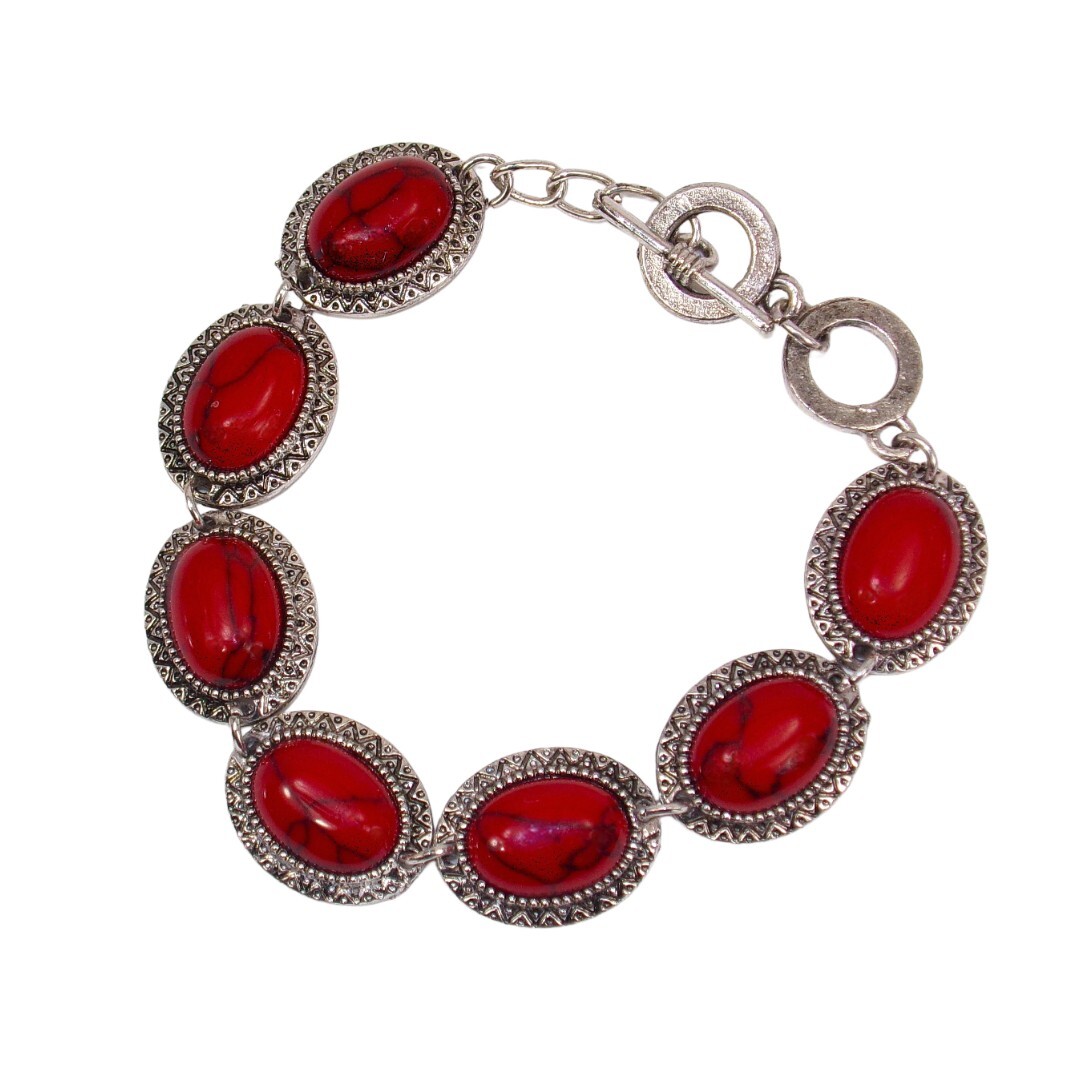 Red oval bead link bracelet with cabachon beads oval textured links 7.5″ New