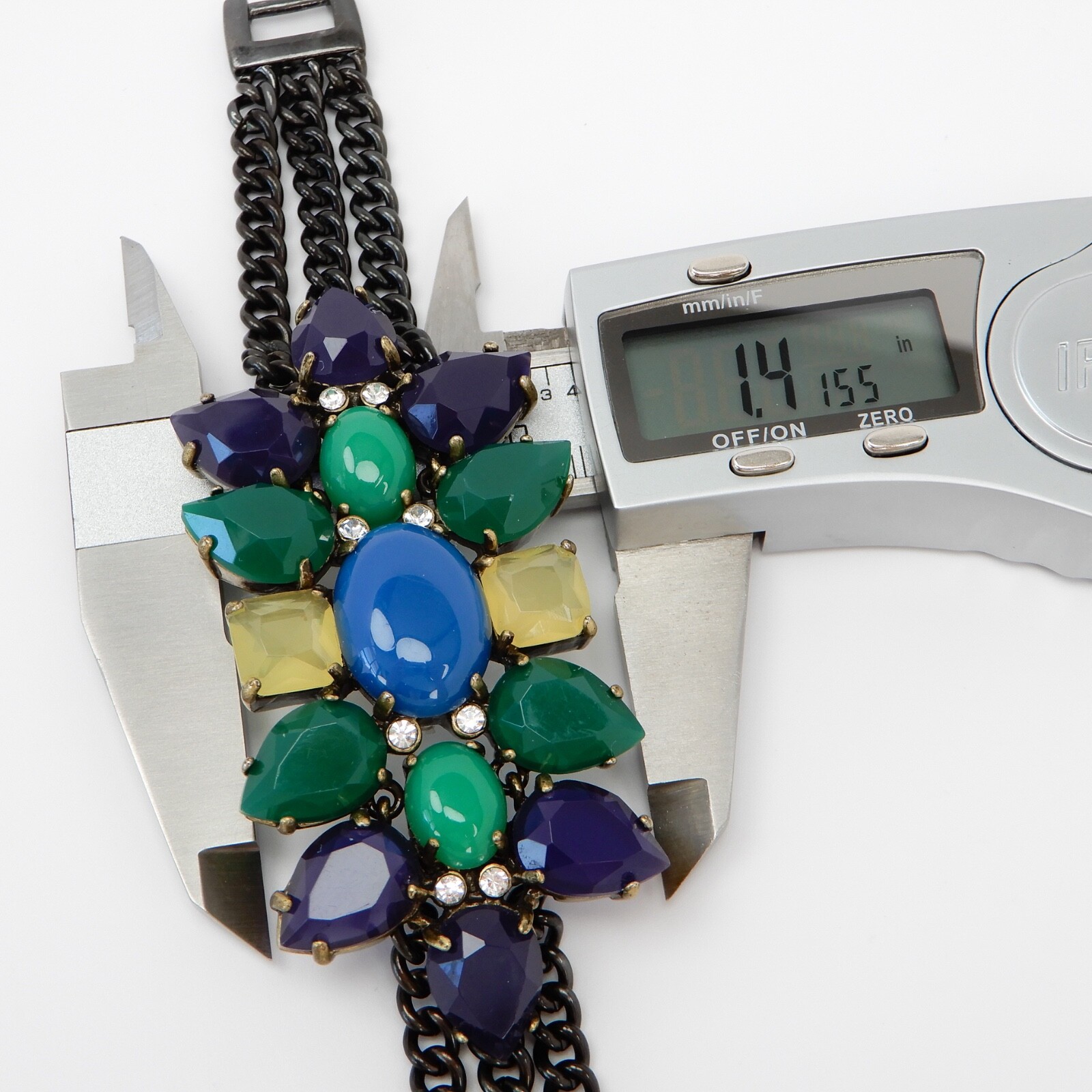 Stella & Dot Peacock Bubble Cabochon Gunmetal Chain Statement Bracelet Wrap 6.2″