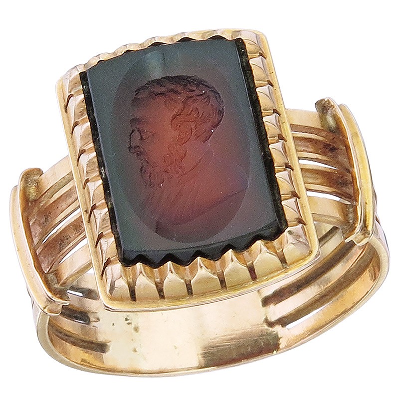 Ring color stone man bust 750 yellow gold antique