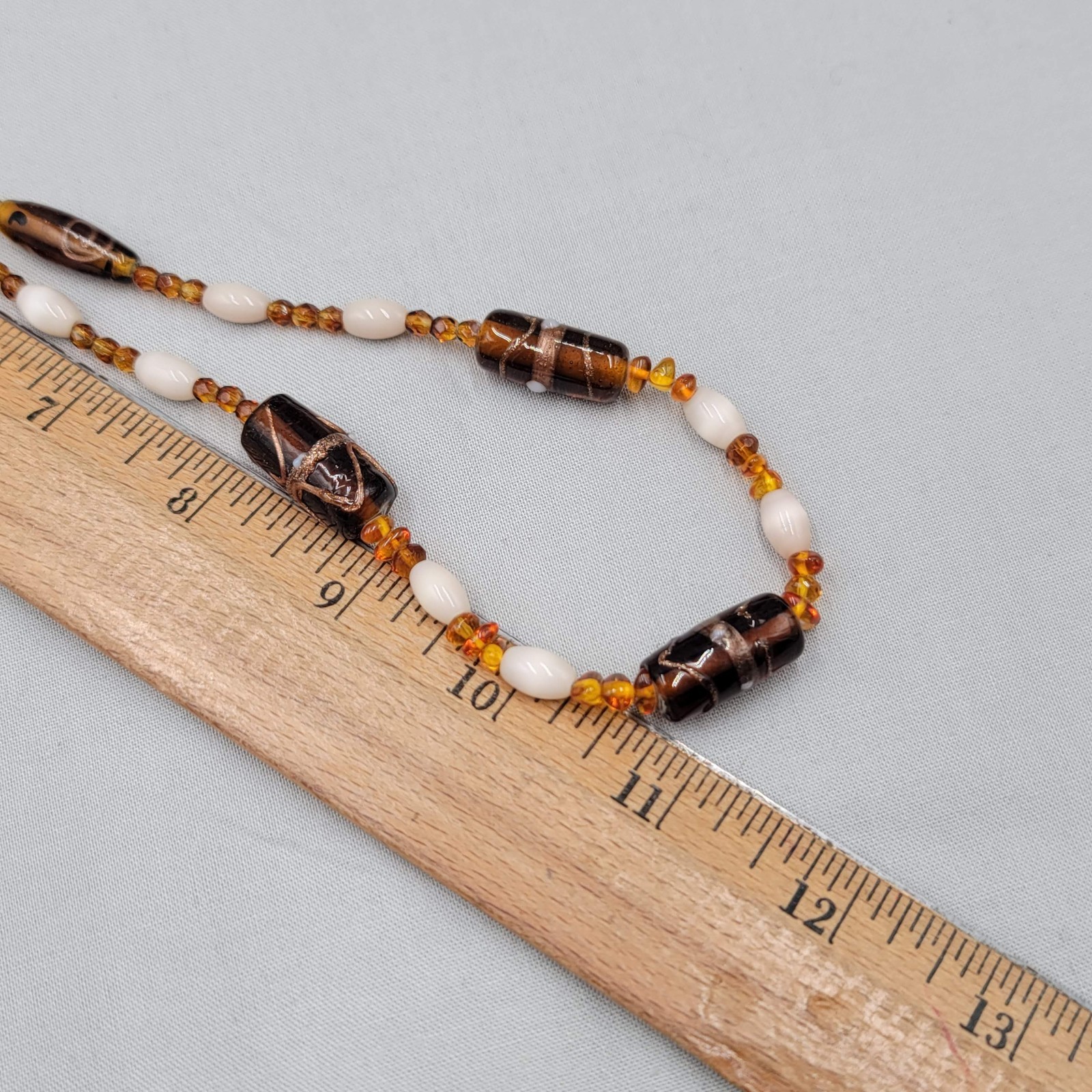 Artisan Multicolor Glass Bead Brown White Necklace 22 in