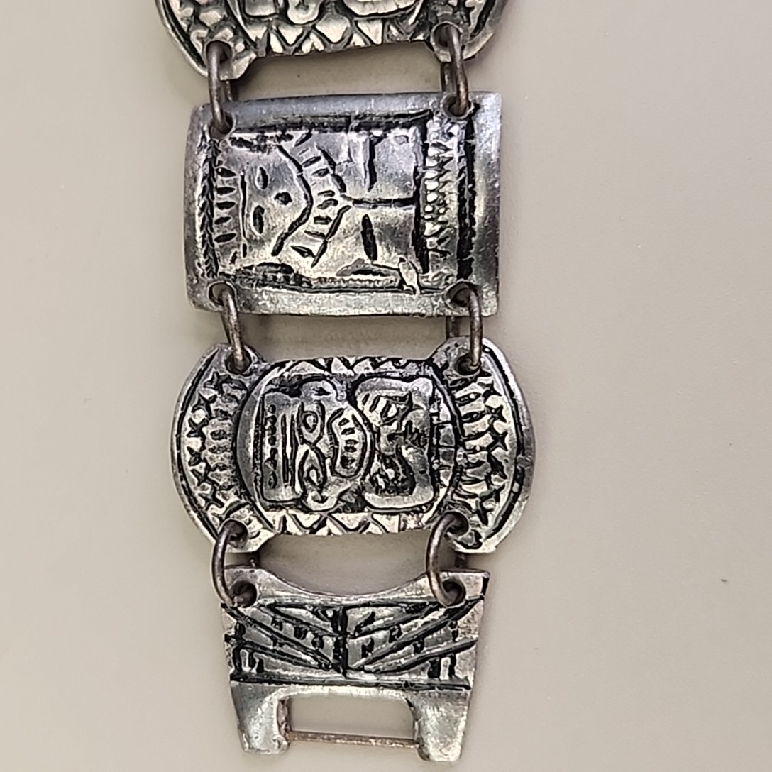 Vintage Columbian Panel Bracelet 800 Silver Tiki Peru 6.75″