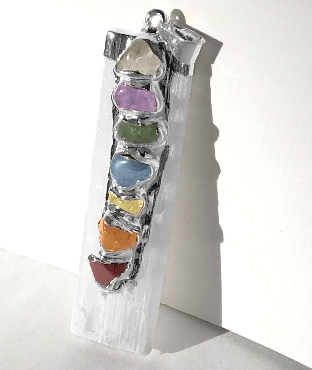 Selenite 7 Chakra Crystal Pendant CHARGED Sterling Silver Necklace HANDMADE