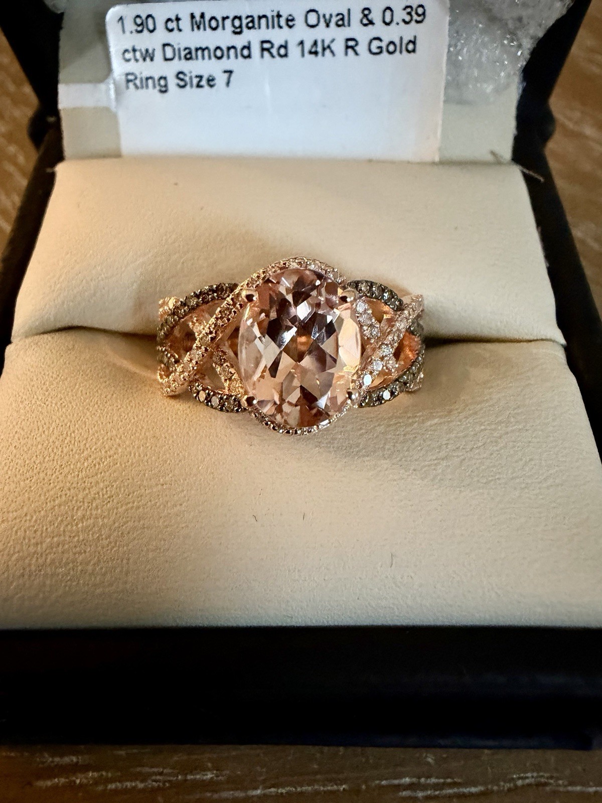 Brand New 1.90 Ct Morganite Ring In Rose Gold With .39ct Of Diamonds