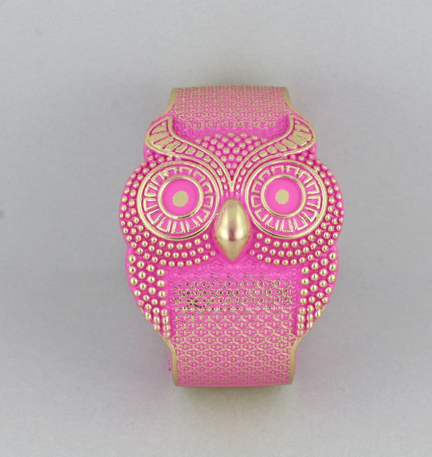 Owl bracelet Pink Gold carved textured bird plastic hinged bangle cuff