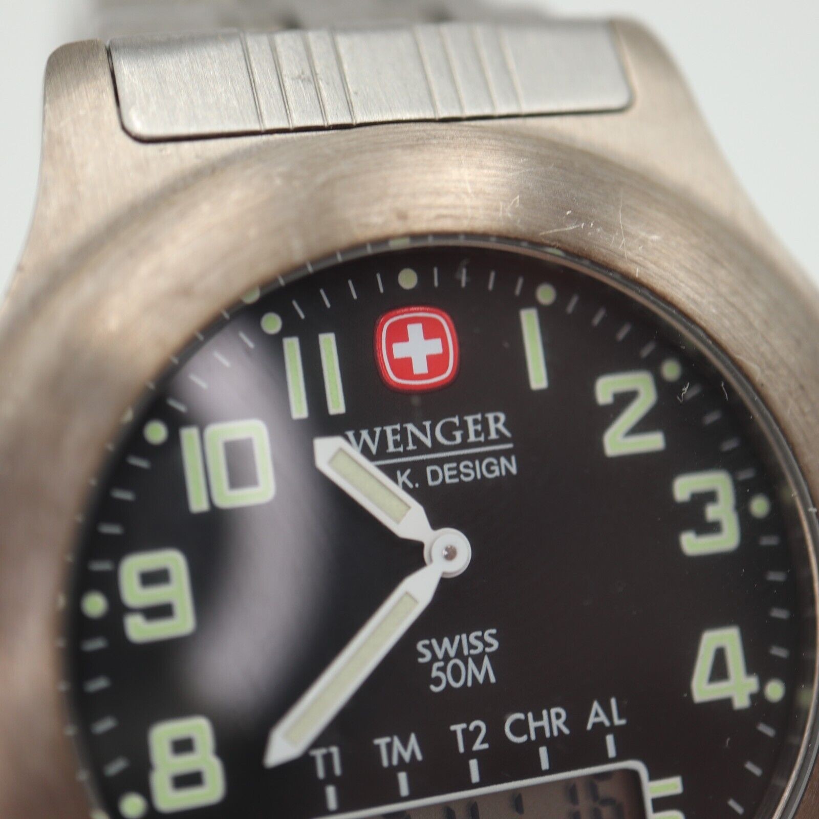 Vintage Wenger Silver Tone 40mm Ana Digi Watch Analog Digital Black New Battery