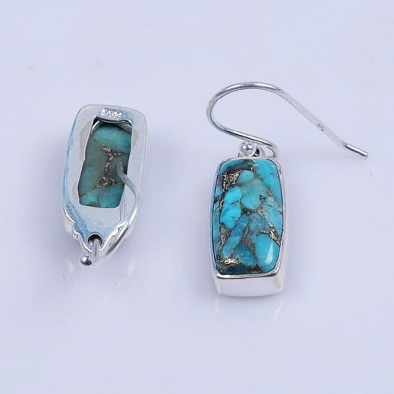 925 Sterling Silver Handmade Blue Copper Turquoise Dangle Earrings