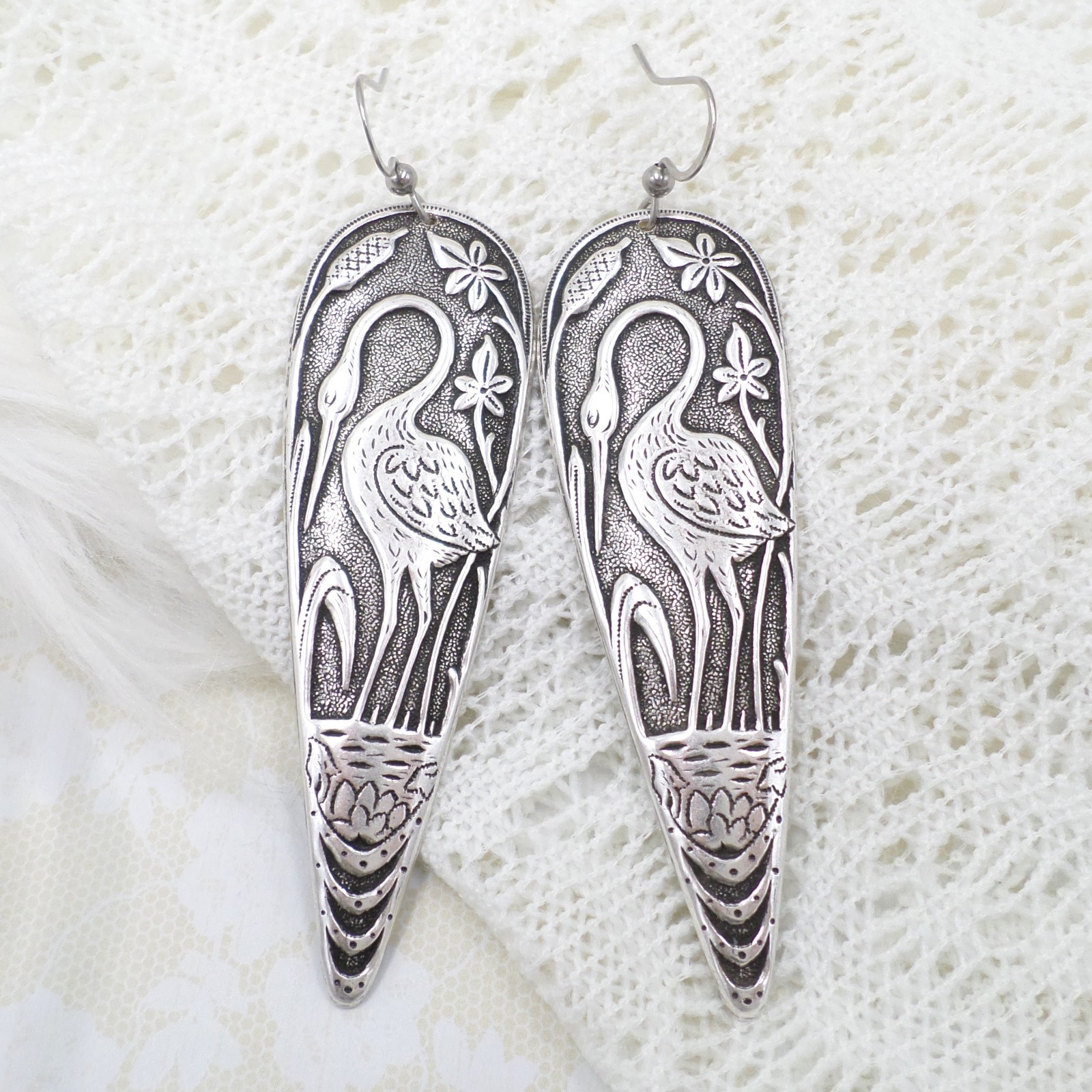 Antique Silver Plated Crane Statement Earrings, Heron Jewelry Gift For Women