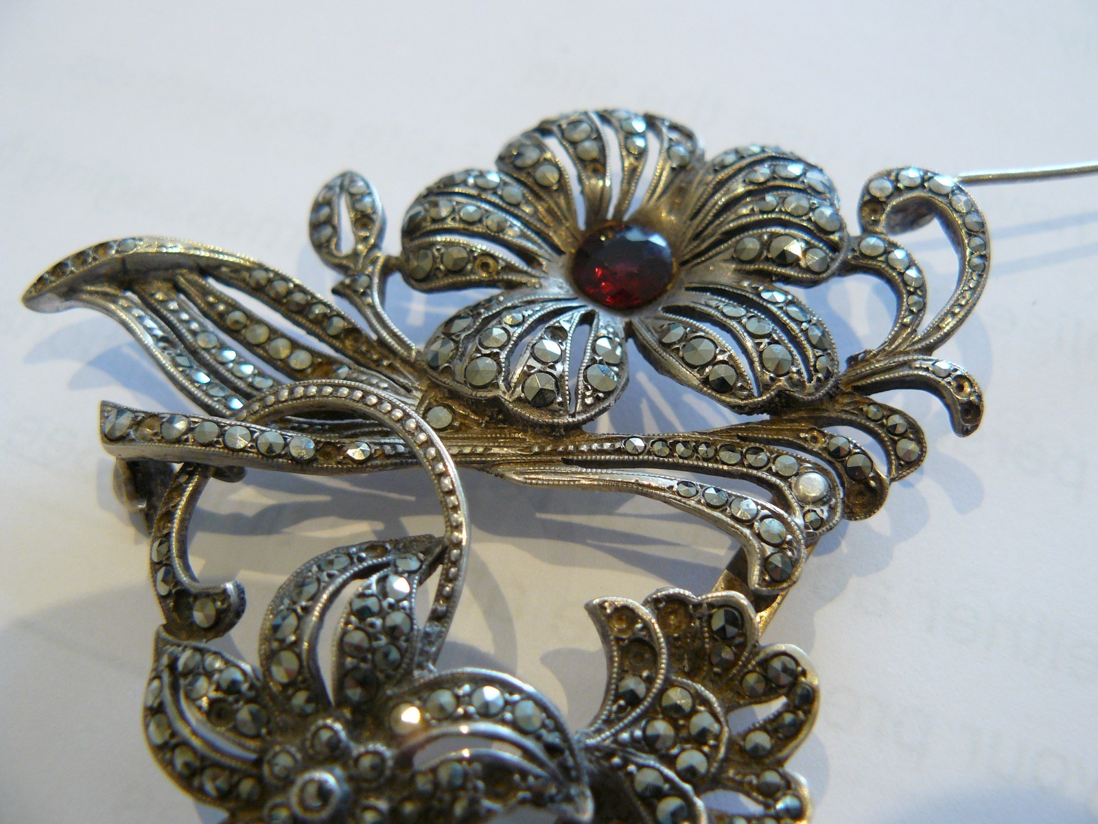 Antique sterling silver marcasite floral brooch garnet centre Art Nouveau 24g