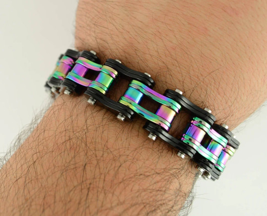Stainless Steel Motorcycle Bike Chain Bracelet Black & Iridescent 235