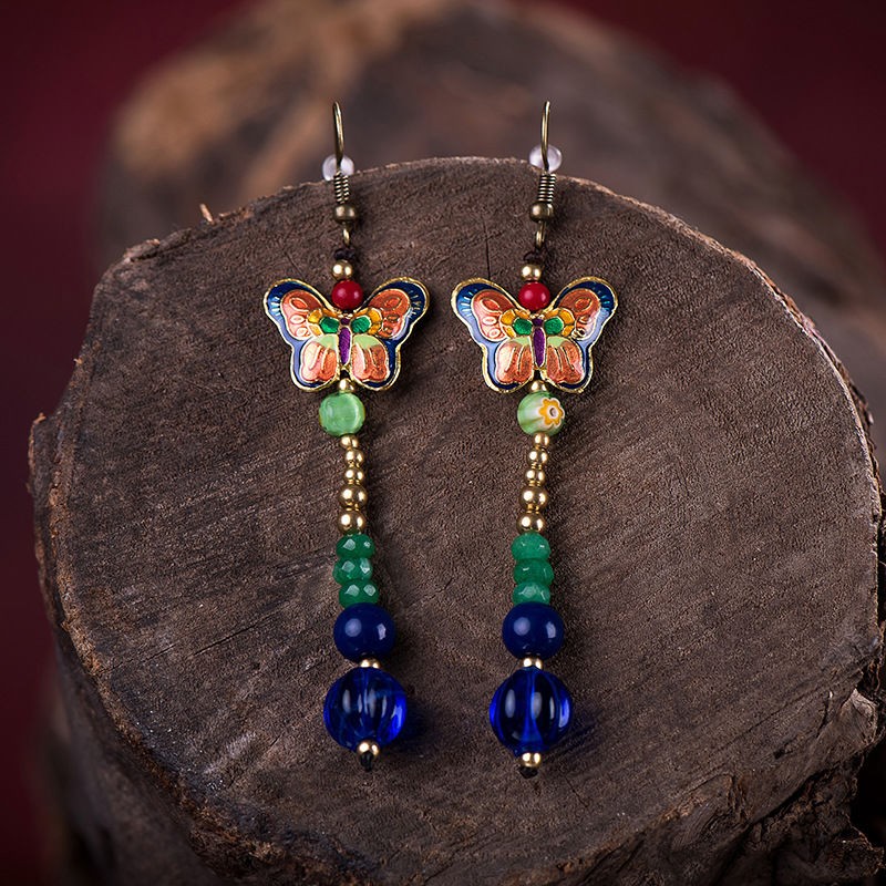 New Enamel Butterfly Earrings Glass Drop Dangle Long Ethnic