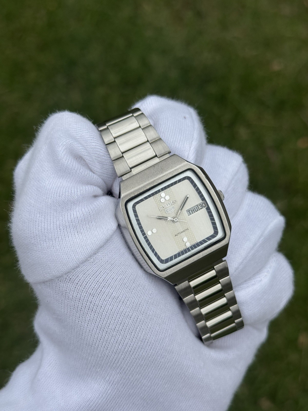 Vintage Seiko 5 Automatic 6309 Mens WristWatch Silver TV Dial Day Date Japan 21J