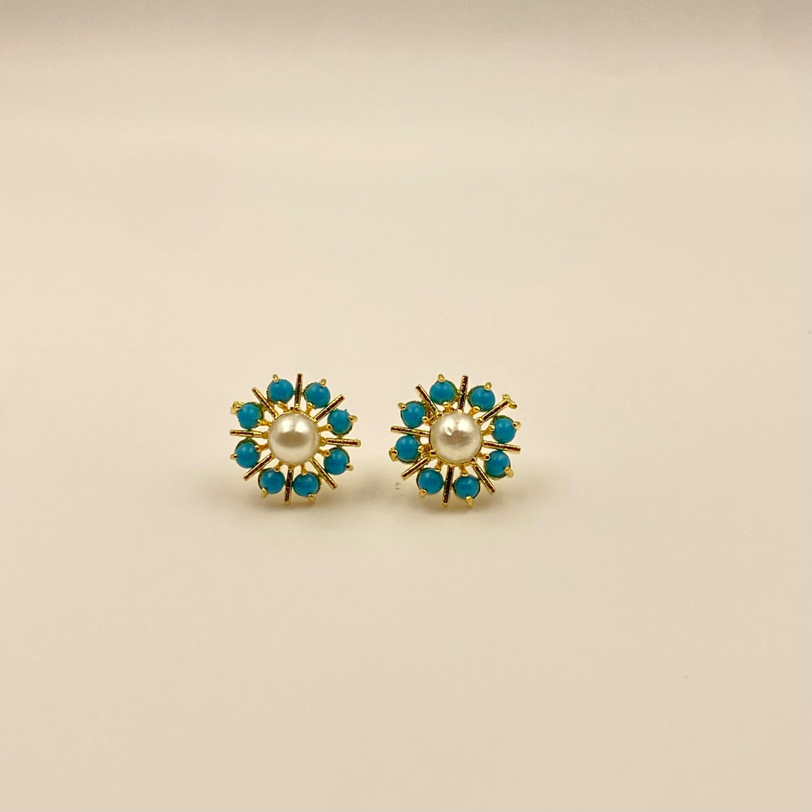 Handmade Turquoise, Coral & Pearl Gem Stud Earrings Set | Gold Plated Jewelry