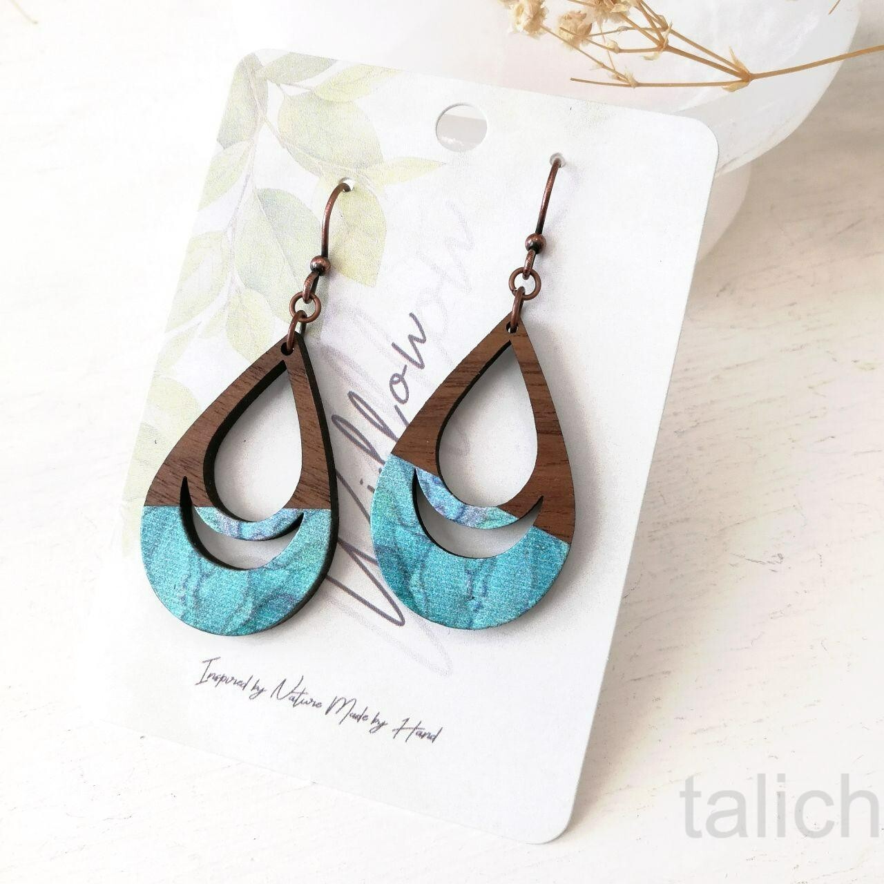 DC Designs Cutout Walnut Wood Teardrop Earrings with Aqua Blue Art Print D39W