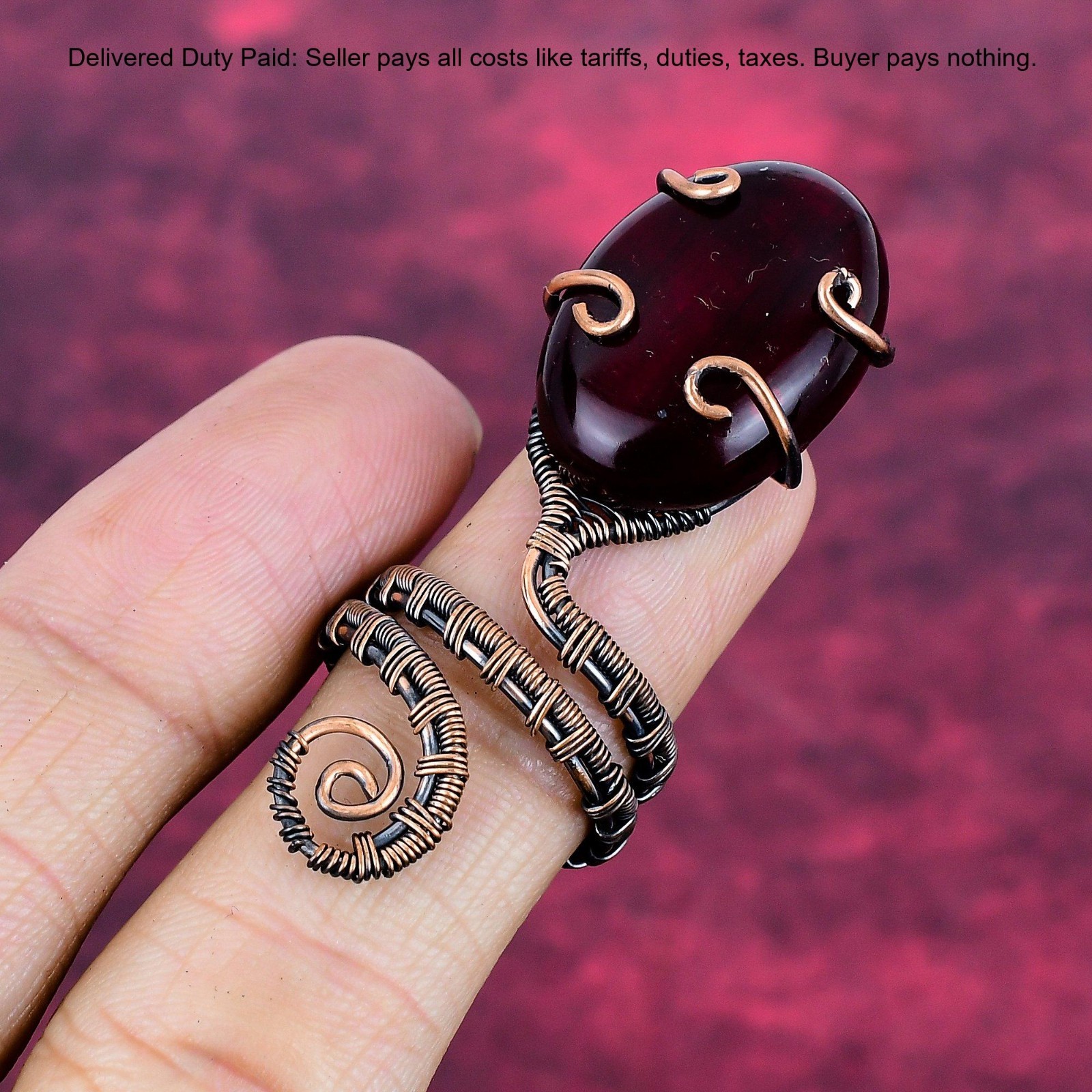 Copper Oval Red Fire Labradorite Stone Stackable Boho Wire Wrapped Sister Ring
