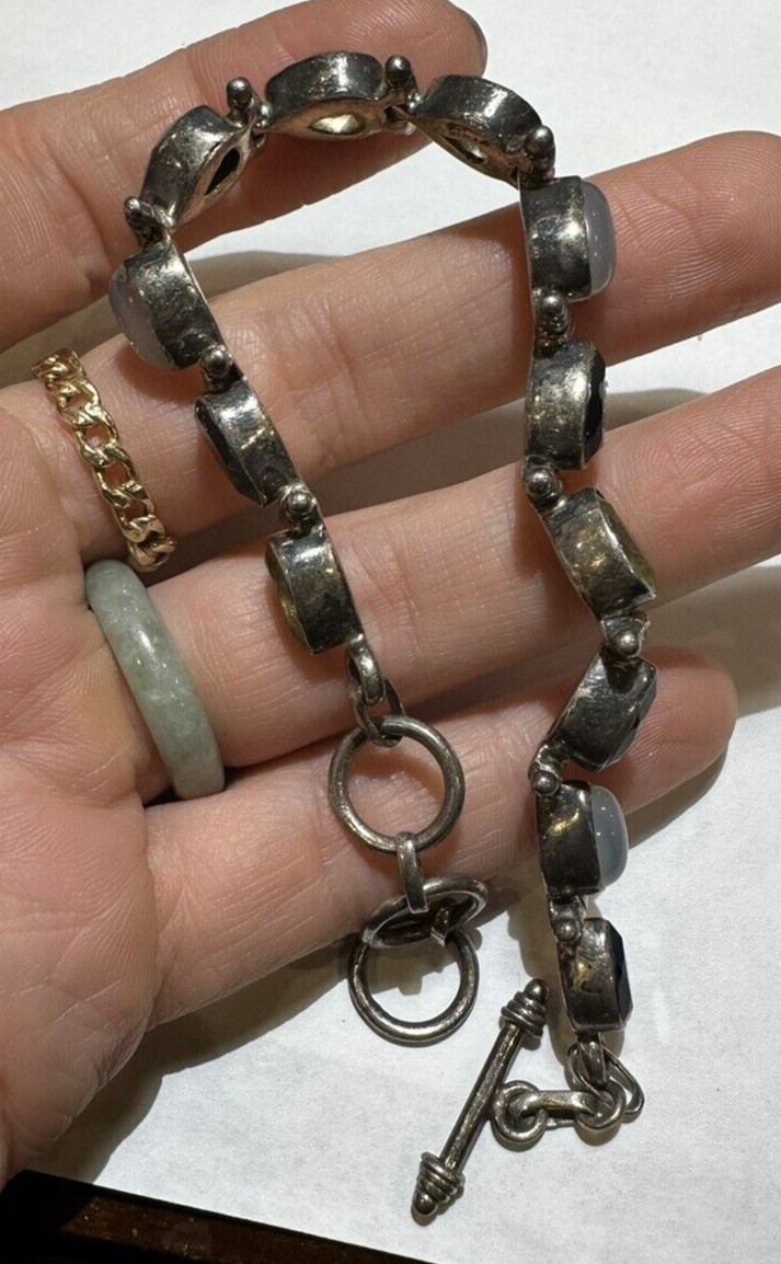 Vintage Silver Teardrop Smoky Quartz Citrine Black Onyx 8.5″ Bracelet DA5