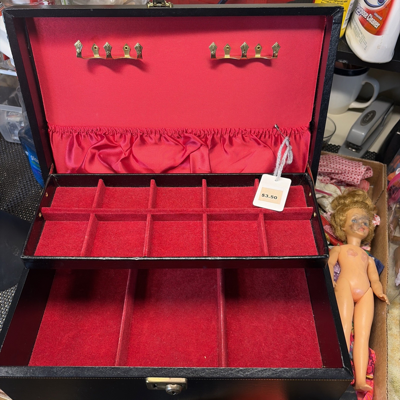 Vtg Black 2 Tier Jewelry Box Gold Clovers Dots Red Velvet Satin Lining NO Key