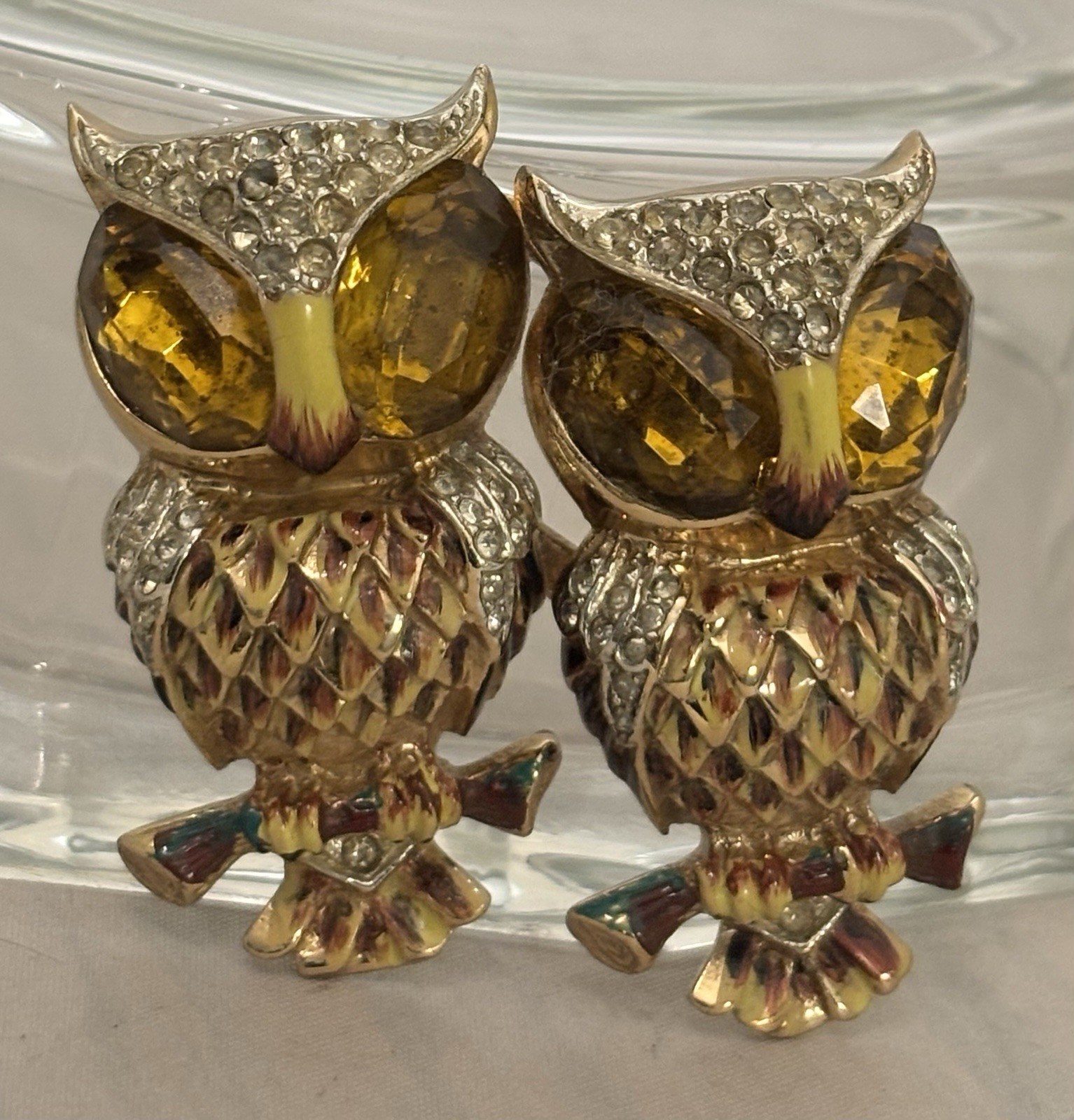 1940s Coro-Craft DUETTE 925 Vermeil/Amber Rhinestone OWLS Pin/Fur Clip(A. Katz)