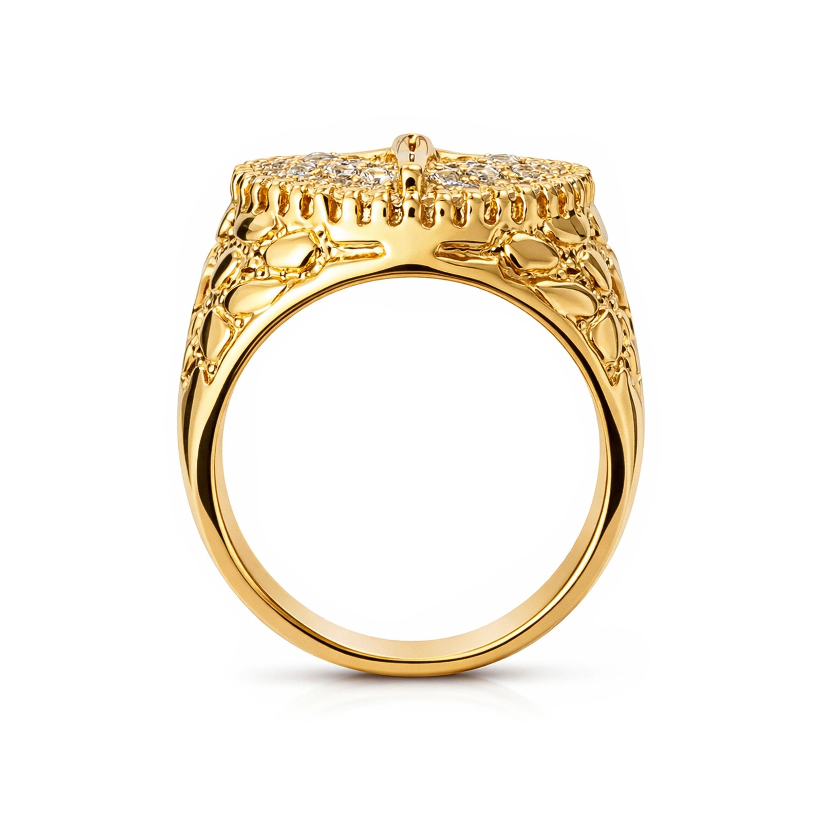 Italian 1/200 14k Yellow Gold Jesus Crucifix Iced CZ Nugget Ring Men Women