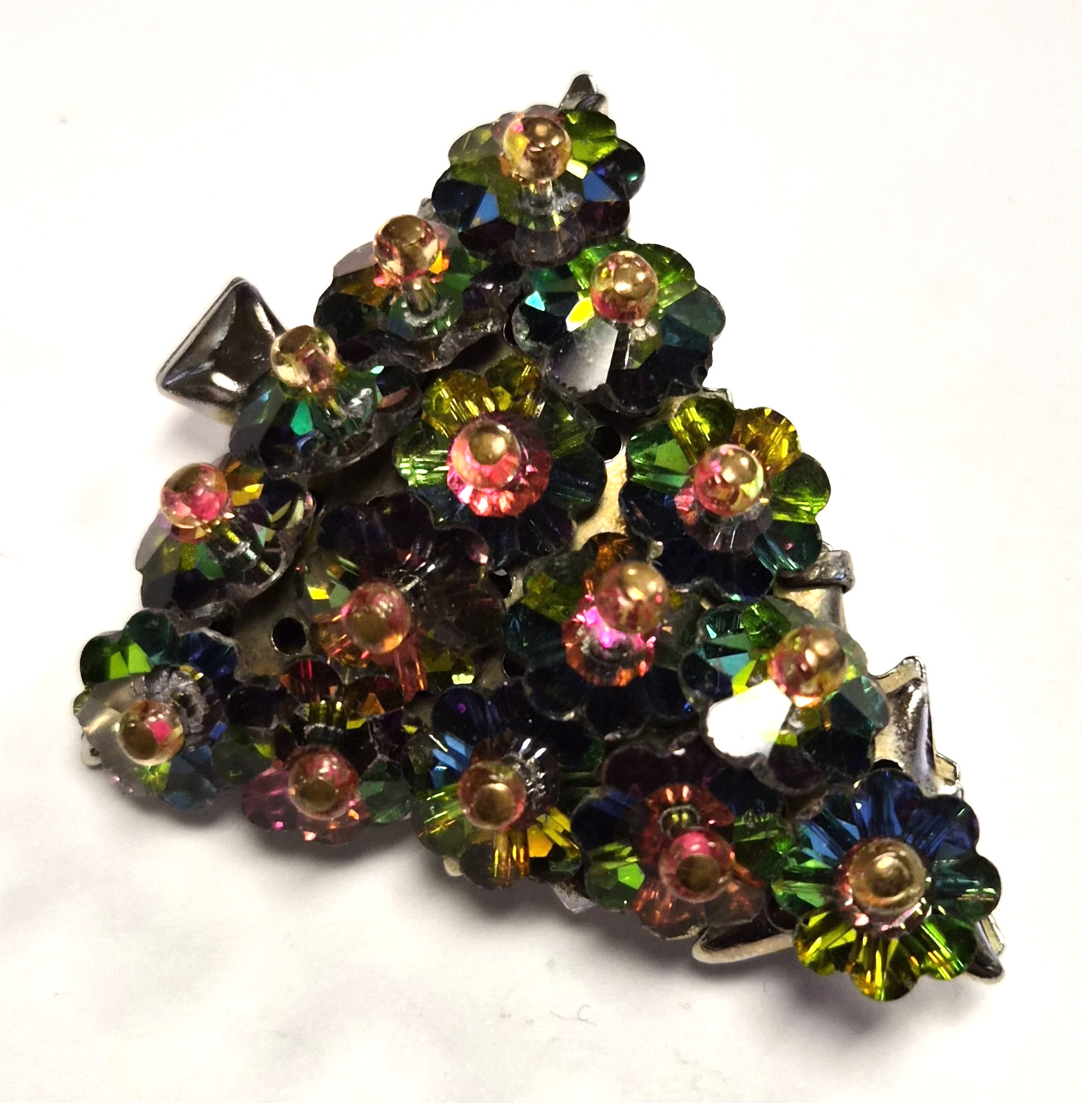 Vintage 60’s Watermelon Rivoli Crystal Bead Christmas Tree Pin / Brooch