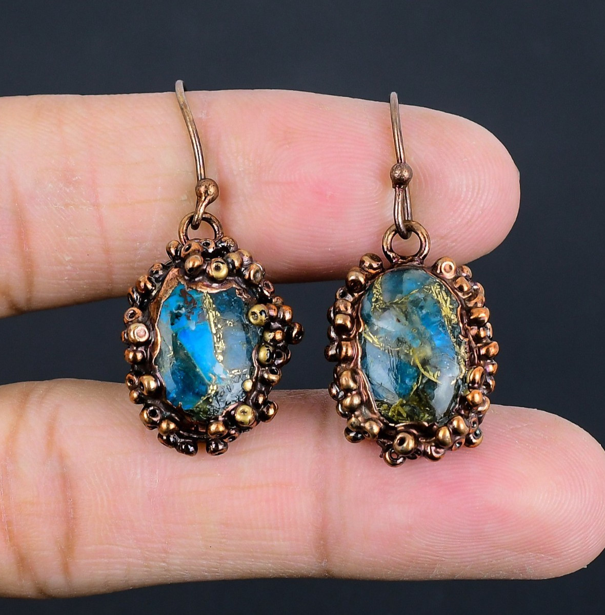 Copper Neon Blue Apatite Gemstone Copper Electroformed Handmade Earrings Jewelry