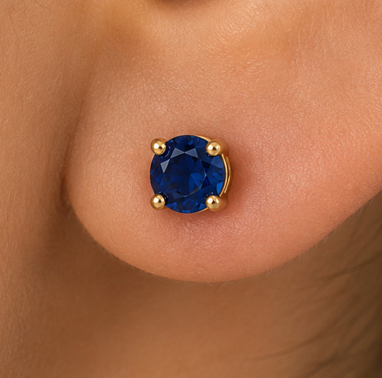 Lab Grown Blue Sapphire Stud Earrings in Yellow Gold Finish Classic Round Cut